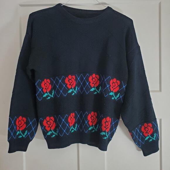 Vintage 80s rainbow ridge rose flower pattern sweater euc - Picture 6 of 6